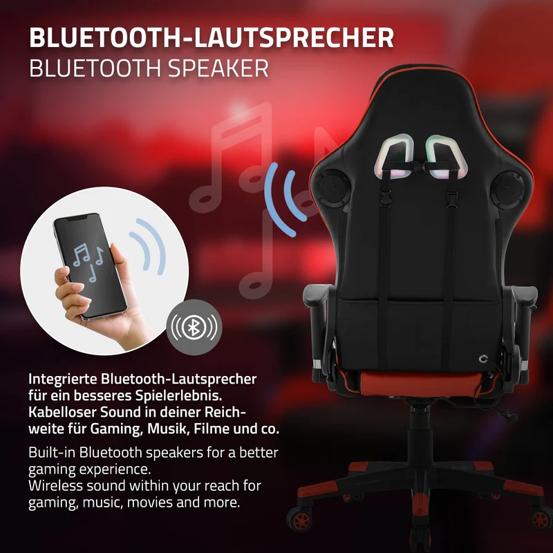 B-Ware Gamingstuhl mit RGB Beleuchtung & Bluetoothboxen Schwarz/Rot aus Kunstleder ML-Design