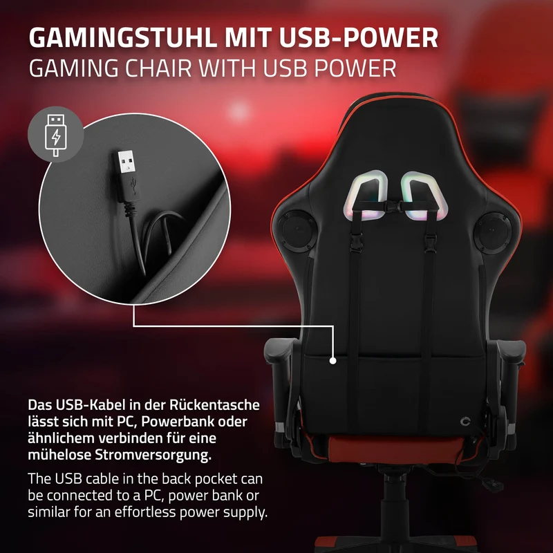 B-Ware Gamingstuhl mit RGB Beleuchtung & Bluetoothboxen Schwarz/Rot aus Kunstleder ML-Design