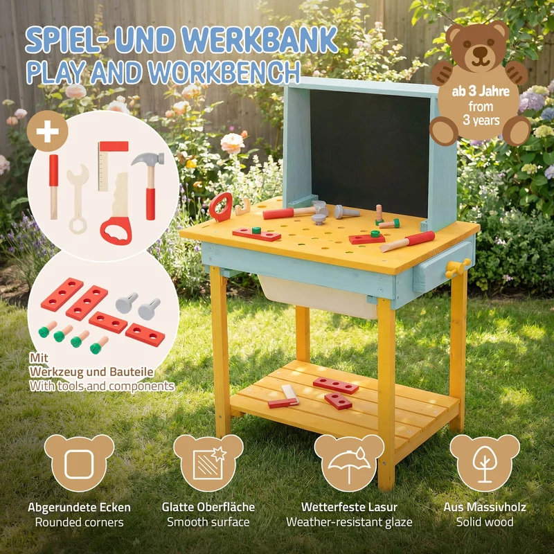 Werkbank Kinder Outdoor aus massivem Tannenholz, Kinderwerkbank mit Tafel, Matschküche und Zubehör, Werkzeugbank Kinder wetterfest Joyz