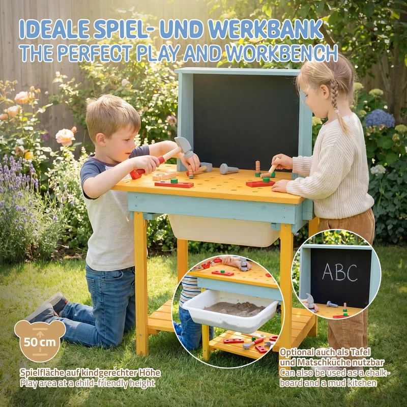 Werkbank Kinder Outdoor aus massivem Tannenholz, Kinderwerkbank mit Tafel, Matschküche und Zubehör, Werkzeugbank Kinder wetterfest Joyz