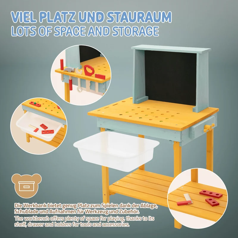 Werkbank Kinder Outdoor aus massivem Tannenholz, Kinderwerkbank mit Tafel, Matschküche und Zubehör, Werkzeugbank Kinder wetterfest Joyz