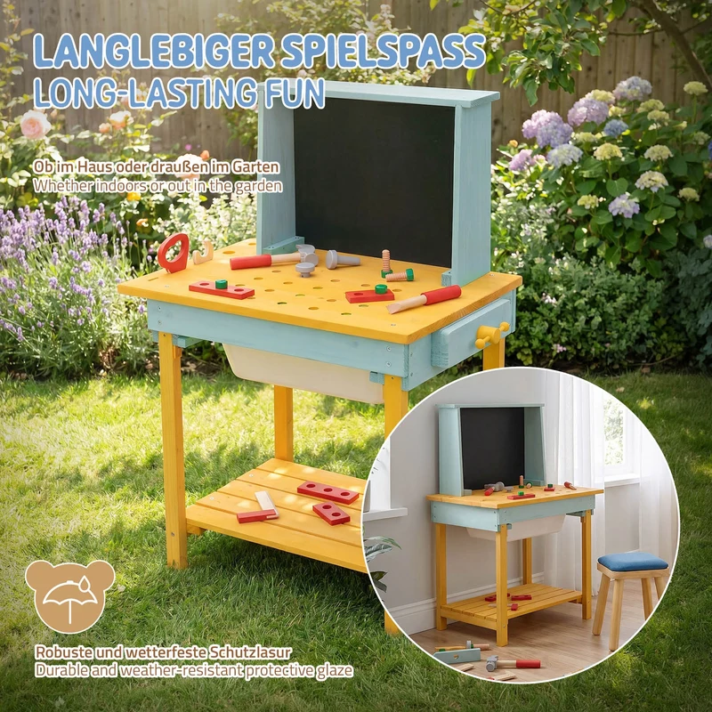 Werkbank Kinder Outdoor aus massivem Tannenholz, Kinderwerkbank mit Tafel, Matschküche und Zubehör, Werkzeugbank Kinder wetterfest Joyz