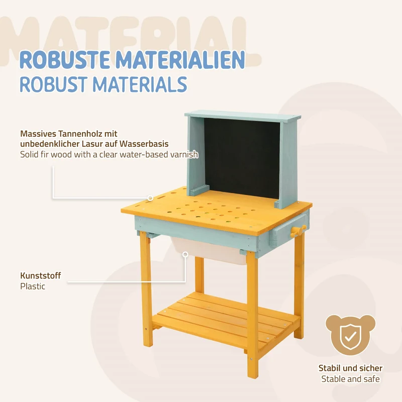 Werkbank Kinder Outdoor aus massivem Tannenholz, Kinderwerkbank mit Tafel, Matschküche und Zubehör, Werkzeugbank Kinder wetterfest Joyz