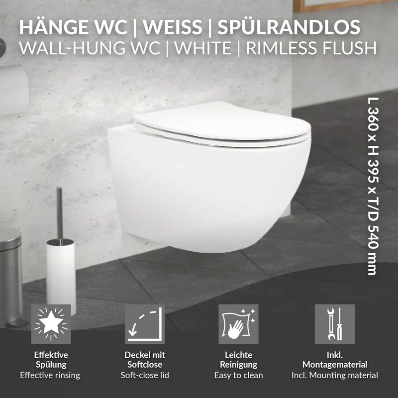 Wand-WC Hänge Toilette aus Keramik Weiß matt 54cm lang Spülrandlos mit Softclose Luxebath