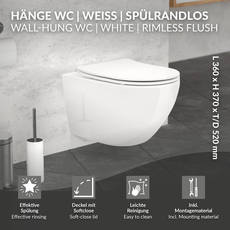 Wand-WC Hänge Toilette aus Keramik 52 cm Spülrandlos mit Softclose LuxeBath