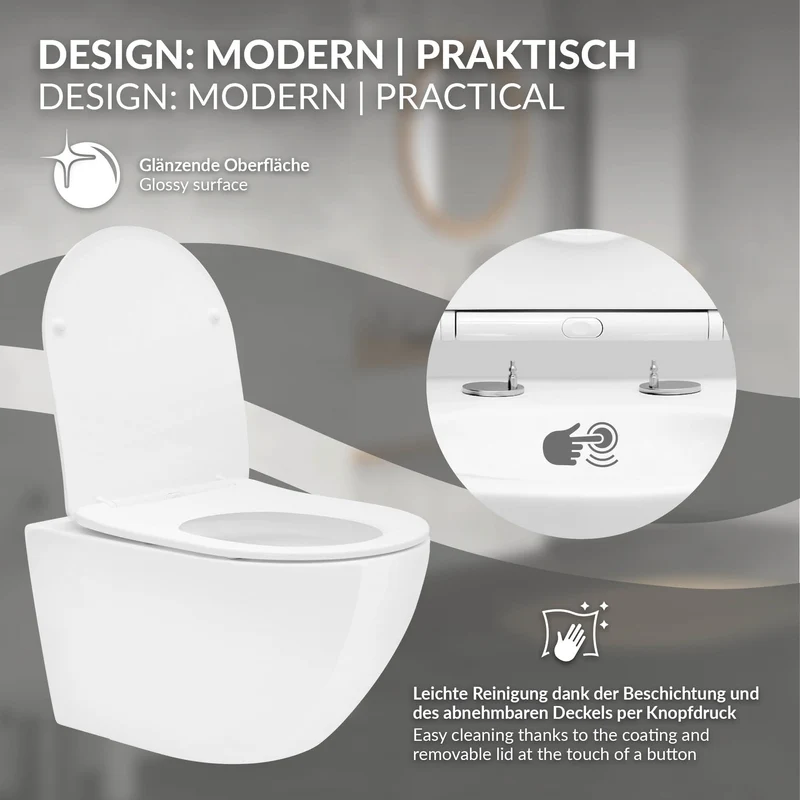 Wand-WC Hänge Toilette aus Keramik 52 cm Spülrandlos mit Softclose LuxeBath