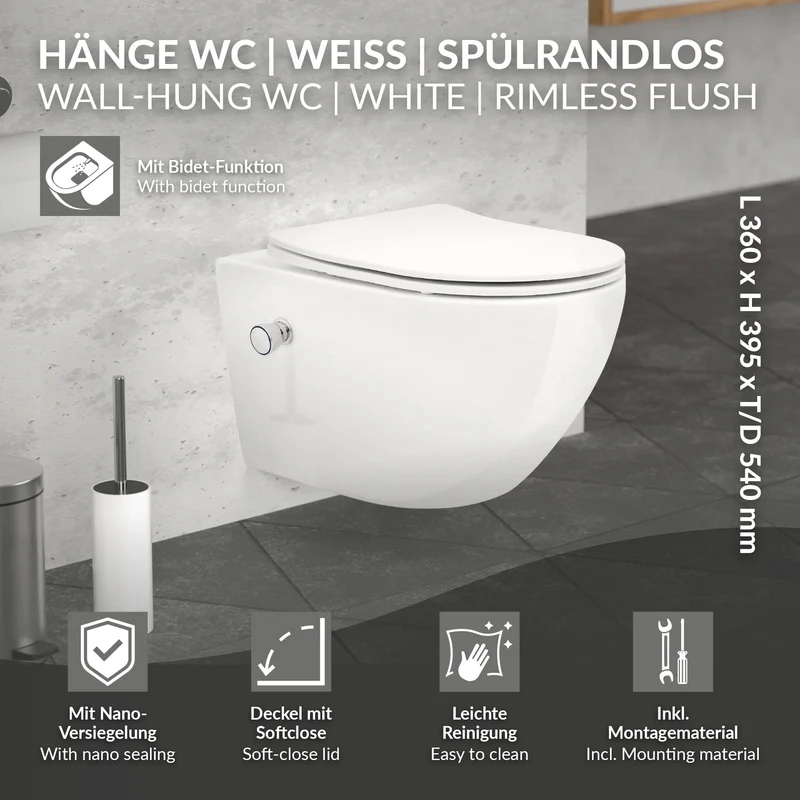 Wand-WC Hänge Toilette aus Keramik 54 cm lang Spülrandlos mit Bidet, Nanoversiegelung & Softclose Luxebath
