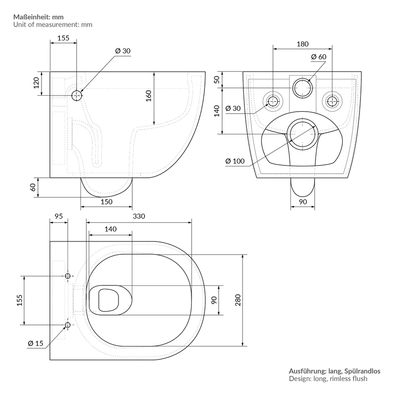 Wand-WC Hänge Toilette aus Keramik 54 cm lang Spülrandlos mit Bidet, Nanoversiegelung & Softclose Luxebath