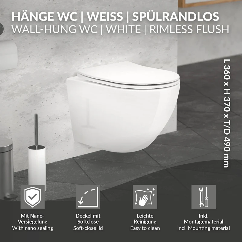 Wand-WC Hänge Toilette aus Keramik 49 cm kurz Spülrandlos mit Nanoversiegelung & Softclose Luxebath