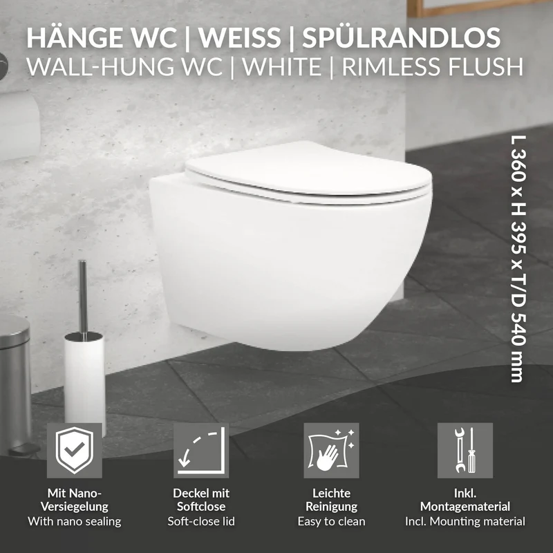 Wand-WC Hänge Toilette aus Keramik Matt Weiß 54 cm lang Spülrandlos mit Nanoversiegelung & Softclose Luxebath
