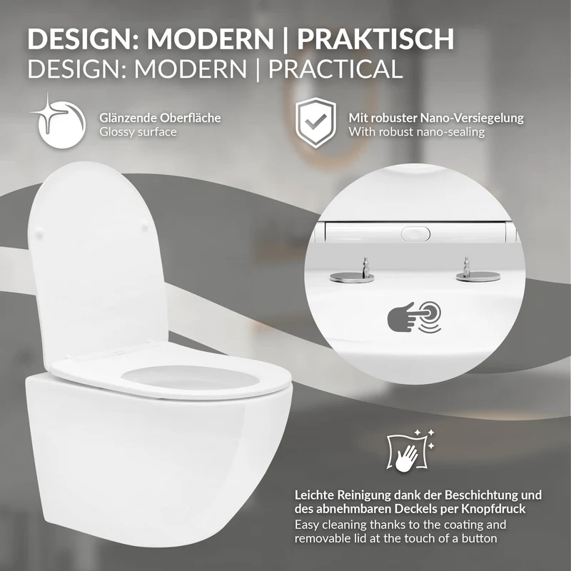 Wand-WC Hänge Toilette aus Keramik 49 cm kurz Spülrandlos mit Nanoversiegelung & Softclose Luxebath