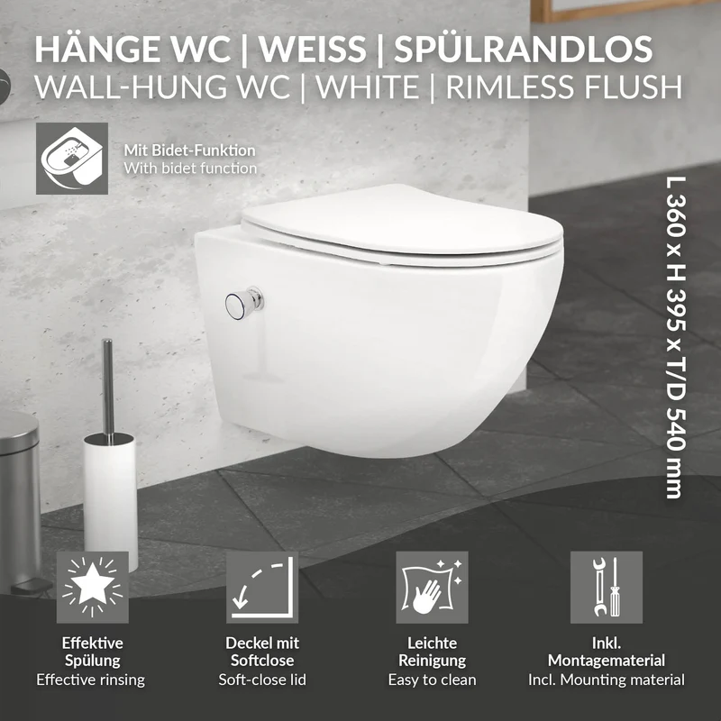 Wand-WC Hänge Toilette aus Keramik 54 cm lang Spülrandlos mit Bidet & Softclose LuxeBath
