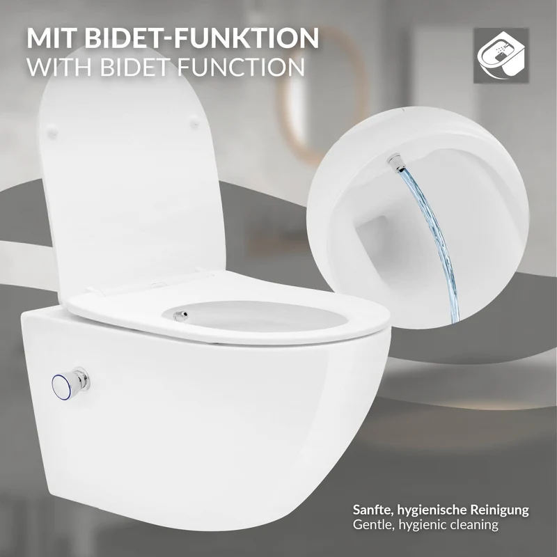Wand-WC Hänge Toilette aus Keramik 54 cm lang Spülrandlos mit Bidet & Softclose LuxeBath