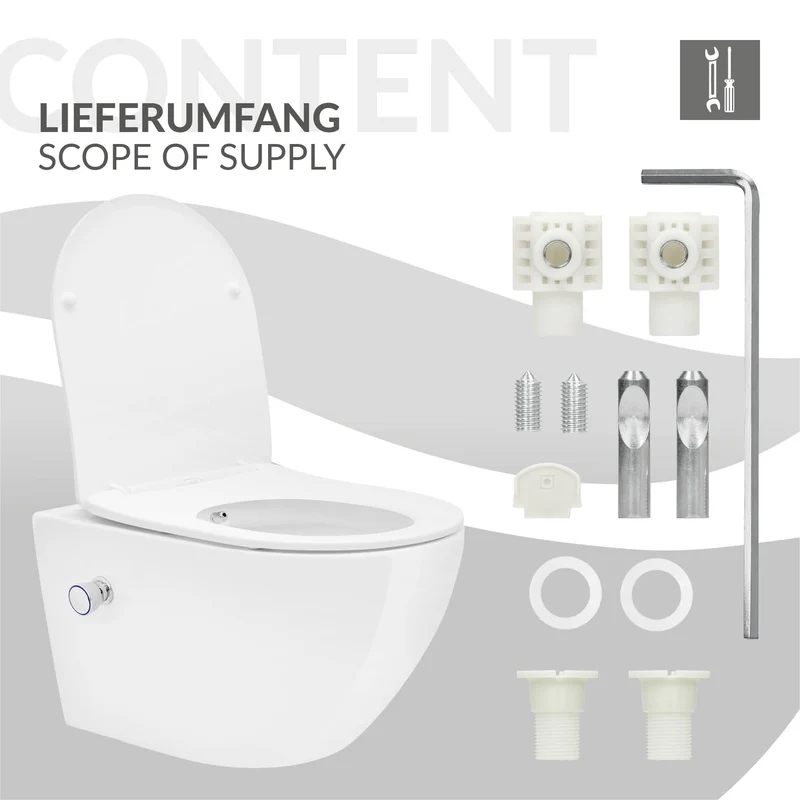 Wand-WC Hänge Toilette aus Keramik 54 cm lang Spülrandlos mit Bidet & Softclose LuxeBath