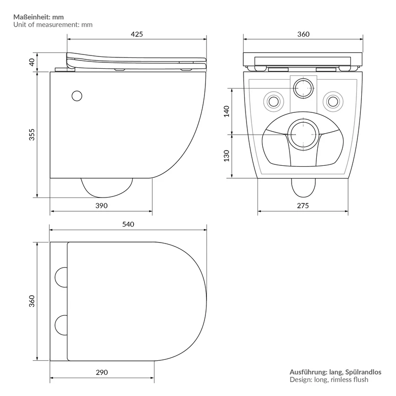 Wand-WC Hänge Toilette aus Keramik 54 cm lang Spülrandlos mit Bidet & Softclose LuxeBath