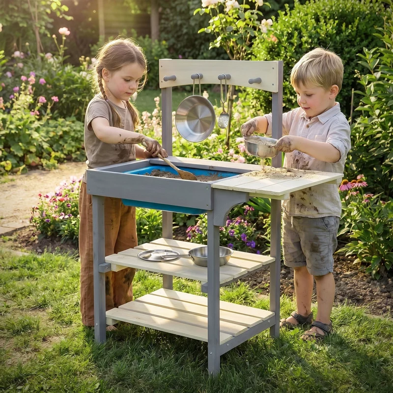 Matschküche Kinder Outdoor aus Massivholz, Spielküche mit Küchenzubehör & abnehmbarem Waschbecken, Wetterfest ab 3 Jahren Joyz