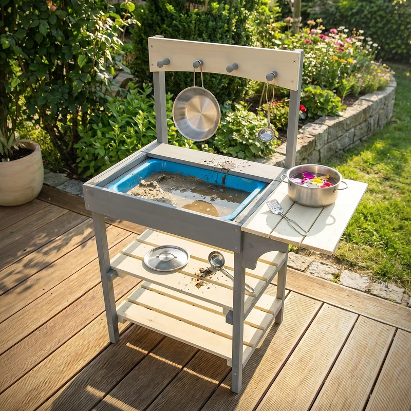 Matschküche Kinder Outdoor aus Massivholz, Spielküche mit Küchenzubehör & abnehmbarem Waschbecken, Wetterfest ab 3 Jahren Joyz