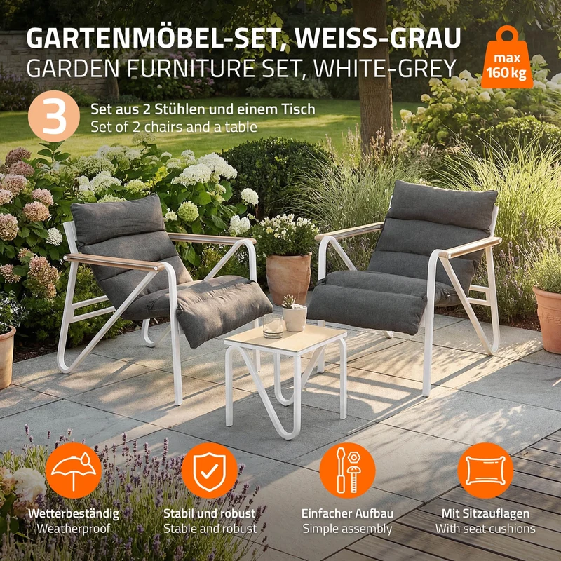 Gartenmöbel Set 3 tlg Sitzgruppe mit 2 Stühlen, Tisch & Sitzkissen Stahlgestell wetterfest ML-Design
