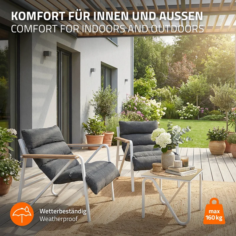 Gartenmöbel Set 3 tlg Sitzgruppe mit 2 Stühlen, Tisch & Sitzkissen Stahlgestell wetterfest ML-Design