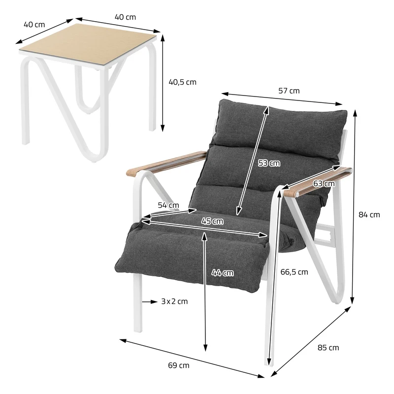 Gartenmöbel Set 3 tlg Sitzgruppe mit 2 Stühlen, Tisch & Sitzkissen Stahlgestell wetterfest ML-Design