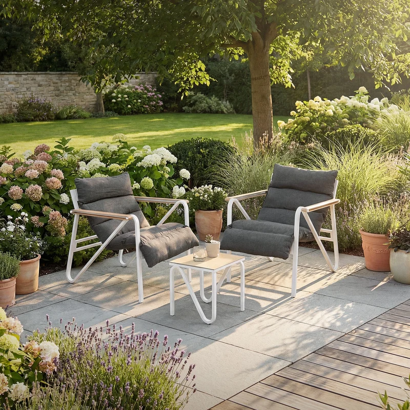 Gartenmöbel Set 3 tlg Sitzgruppe mit 2 Stühlen, Tisch & Sitzkissen Stahlgestell wetterfest ML-Design