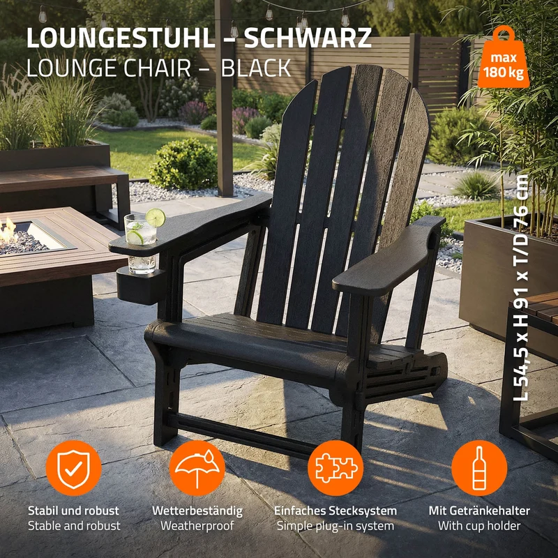 Gartenstuhl Adirondack Stuhl Sonnenstuhl wetterfest aus HDPE Kunststoff bis 180 kg Gartensessel ML-Design