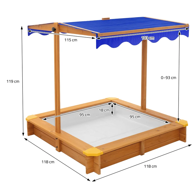 Sandkasten mit Dach 118x118 cm, aus Massivholz, Sandbox für Kinder mit Abdeckung, Bodenvlies & Kantenschutz, UV 50 Sonnenschutz ML-Design