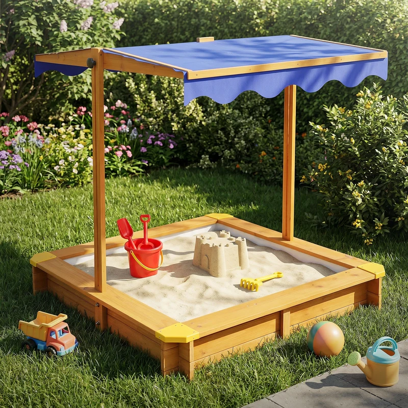 Sandkasten mit Dach 118x118 cm, aus Massivholz, Sandbox für Kinder mit Abdeckung, Bodenvlies & Kantenschutz, UV 50 Sonnenschutz ML-Design