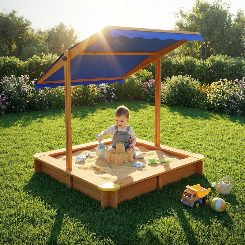 Sandkasten mit Dach 118x118 cm, aus Massivholz, Sandbox für Kinder mit Abdeckung, Bodenvlies & Kantenschutz, UV 50 Sonnenschutz ML-Design