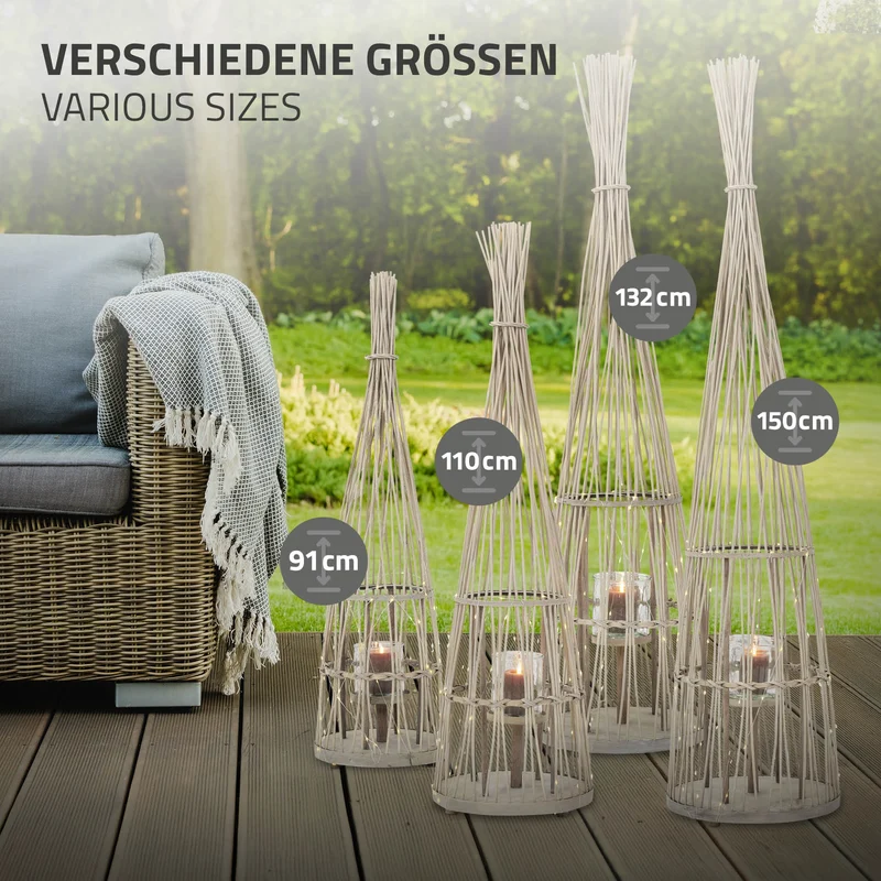 Bambus Laterne, Windlicht H: 91 cm Holzfarbe, Boho Gartenlaterne mit LED-Lichterkette & Glaseinsatz, Flechtoptik Kerzenhalter