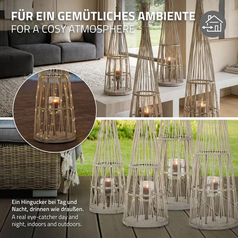 Bambus Laterne, Windlicht H: 150 cm Holzfarbe, Boho Gartenlaterne mit LED-Lichterkette & Glaseinsatz, Flechtoptik Kerzenhalter
