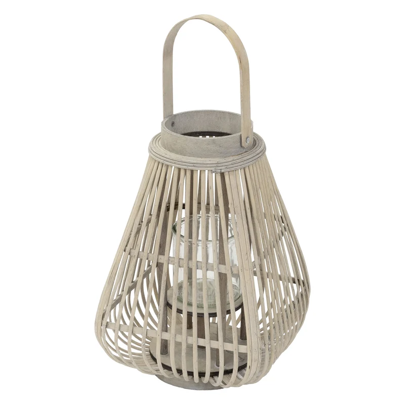 ECD Germany | Bambus Laterne viereck Windlicht mit Henkel & Glaseinsatz, Natur/Grau, Boho Gartenlaterne, Flechtoptik Kerzenhalter