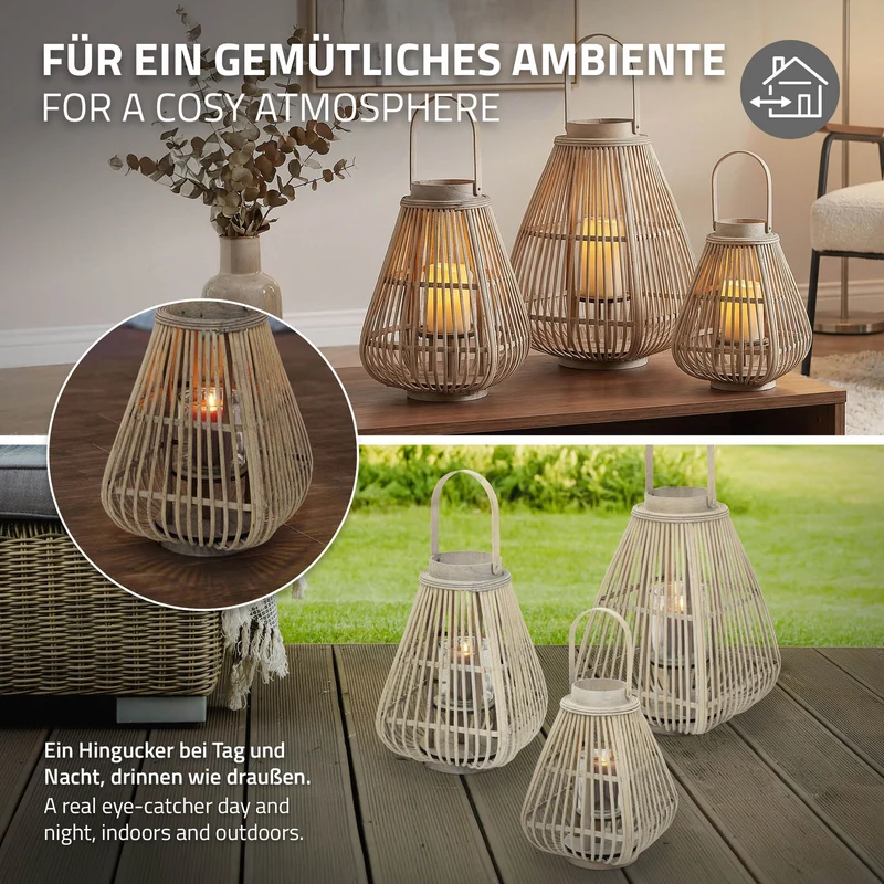 Bambus Laterne, Windlicht H: 50 cm Holzfarbe, Boho Gartenlaterne mit Henkel & Glaseinsatz, Flechtoptik Kerzenhalter
