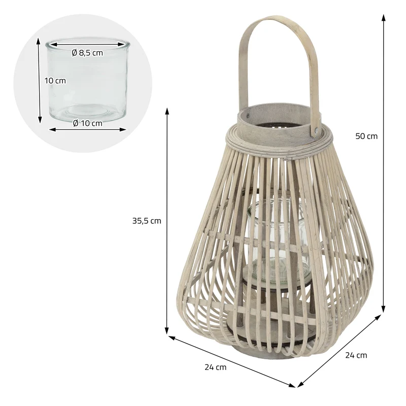 Bambus Laterne, Windlicht H: 50 cm Holzfarbe, Boho Gartenlaterne mit Henkel & Glaseinsatz, Flechtoptik Kerzenhalter