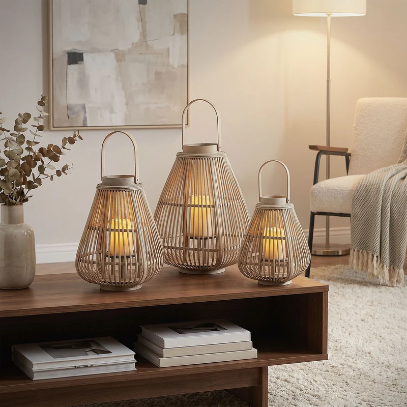 Bambus Laterne, Windlicht H: 50 cm Holzfarbe, Boho Gartenlaterne mit Henkel & Glaseinsatz, Flechtoptik Kerzenhalter