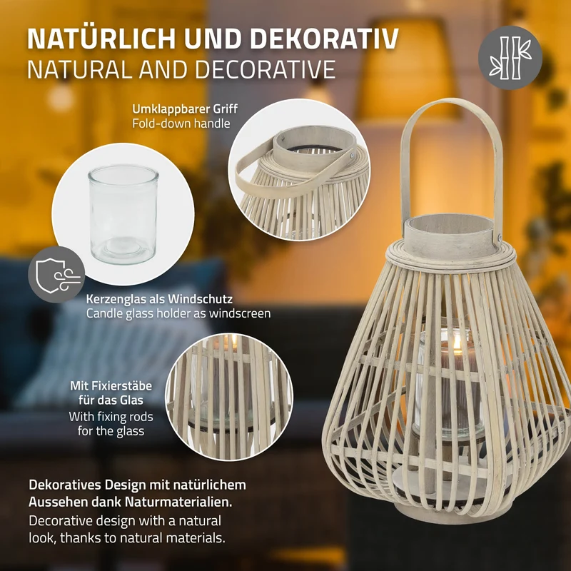 Bambus Laterne, Windlicht H: 42,5 cm Holzfarbe, Boho Gartenlaterne mit Henkel & Glaseinsatz, Flechtoptik Kerzenhalter