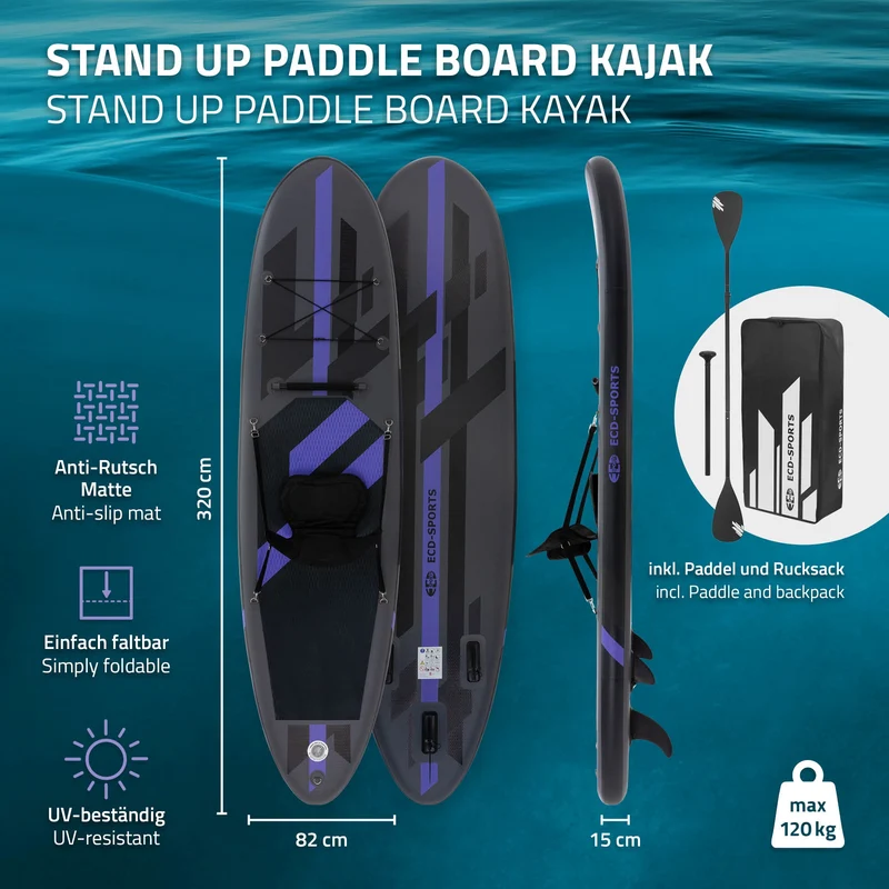 Stand Up Paddle aufblasbares SUP Board mit Kajak Sitz 320x82x15 cm aus PVC inkl. Pumpe und Tragetasche