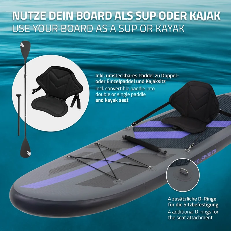 Stand Up Paddle aufblasbares SUP Board mit Kajak Sitz 320x82x15 cm aus PVC inkl. Pumpe und Tragetasche