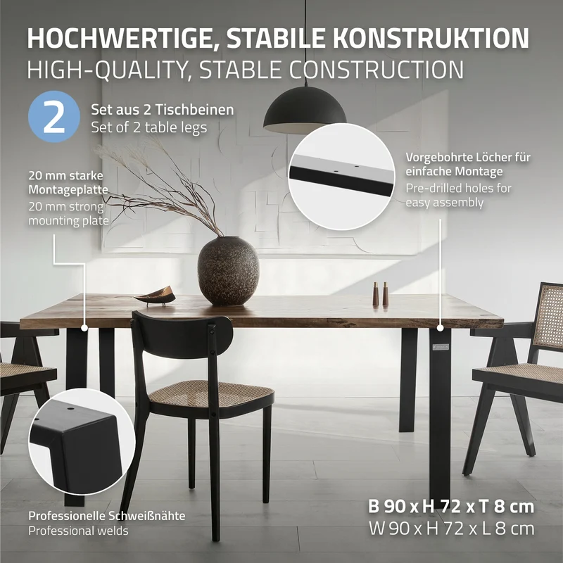 B-Ware Tischbeine 2er Set 90x72 cm Schwarz matt aus Stahl ML-Design