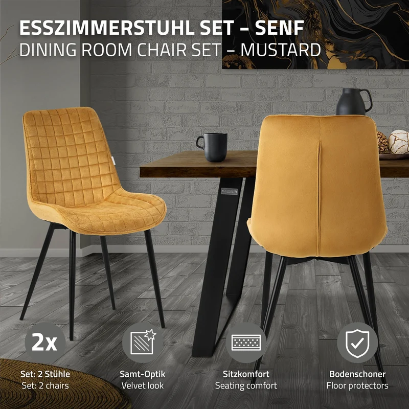 B-Ware Esszimmerstuhl 2er Set Senfgelb mit Samtbezug und Stahlbeinen Küchenstuhl mit Rückenlehne ML-Design
