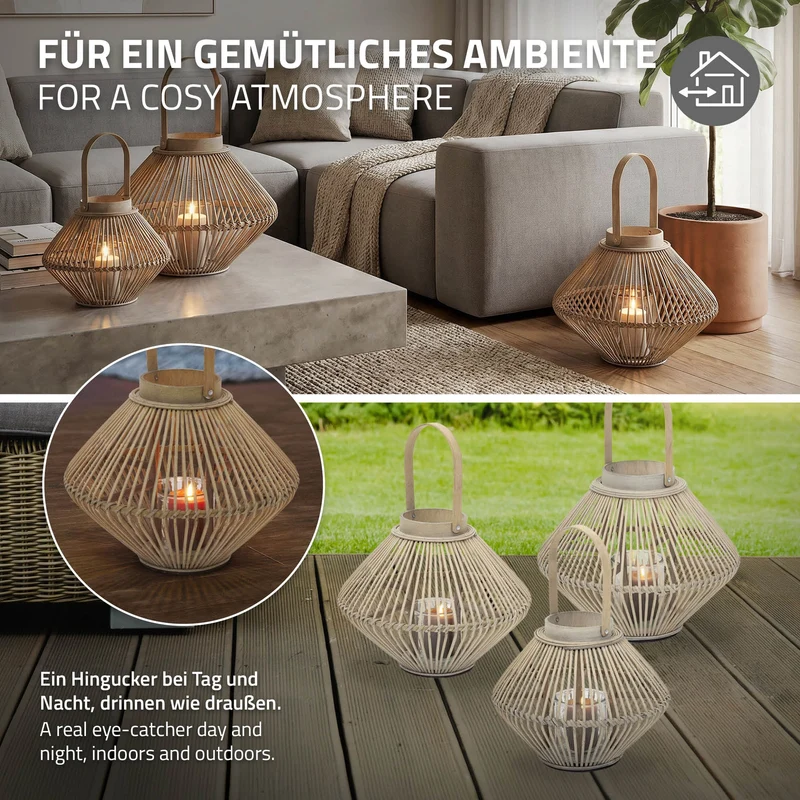 Bambus Laterne, Windlicht H: 44 cm Holzfarbe, Boho Gartenlaterne mit Henkel & Glaseinsatz, Flechtoptik Kerzenhalter
