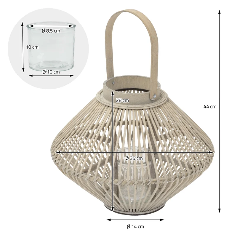 Bambus Laterne, Windlicht H: 44 cm Holzfarbe, Boho Gartenlaterne mit Henkel & Glaseinsatz, Flechtoptik Kerzenhalter