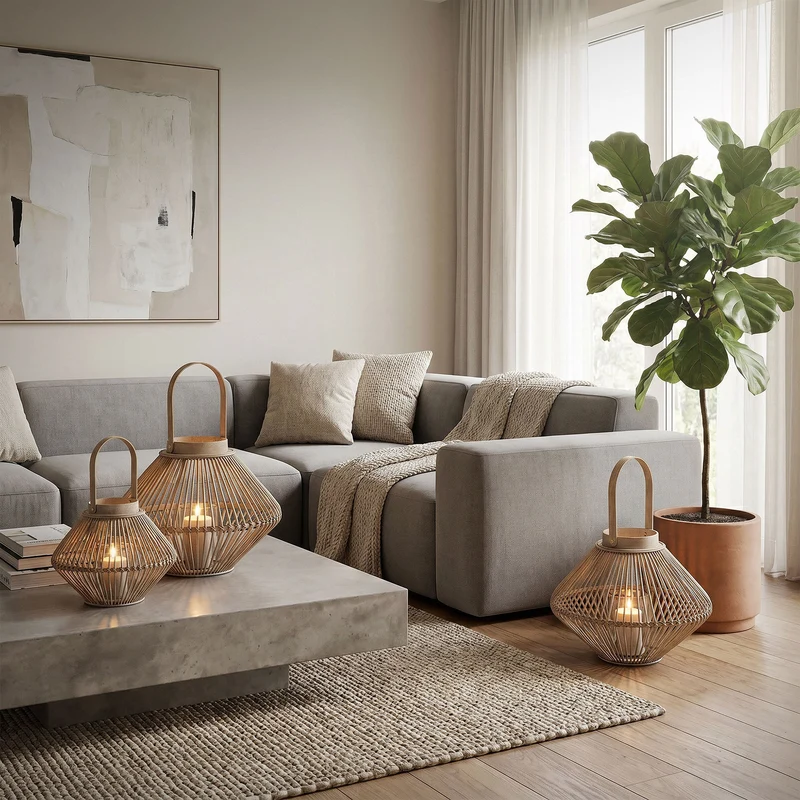 Bambus Laterne, Windlicht H: 44 cm Holzfarbe, Boho Gartenlaterne mit Henkel & Glaseinsatz, Flechtoptik Kerzenhalter