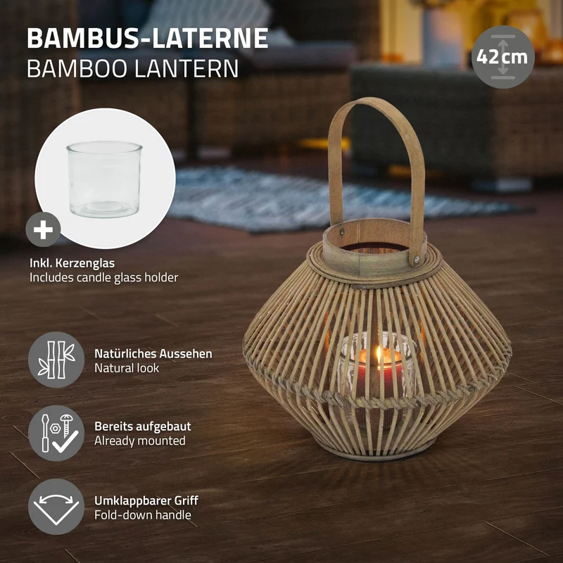 Bambus Laterne, Windlicht H: 42 cm Holzfarbe, Boho Gartenlaterne mit Henkel & Glaseinsatz, Flechtoptik Kerzenhalter