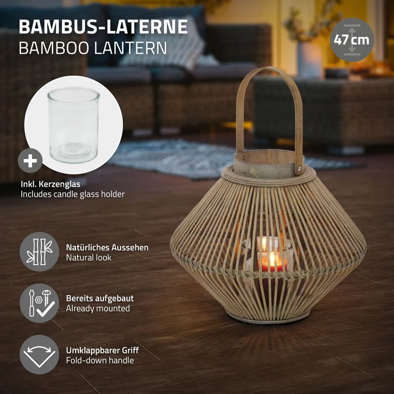 Bambus Laterne, Windlicht H: 47 cm Holzfarbe, Boho Gartenlaterne mit Henkel & Glaseinsatz, Flechtoptik Kerzenhalter