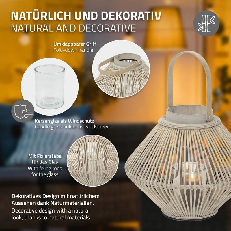 Bambus Laterne, Windlicht H: 47 cm Holzfarbe, Boho Gartenlaterne mit Henkel & Glaseinsatz, Flechtoptik Kerzenhalter