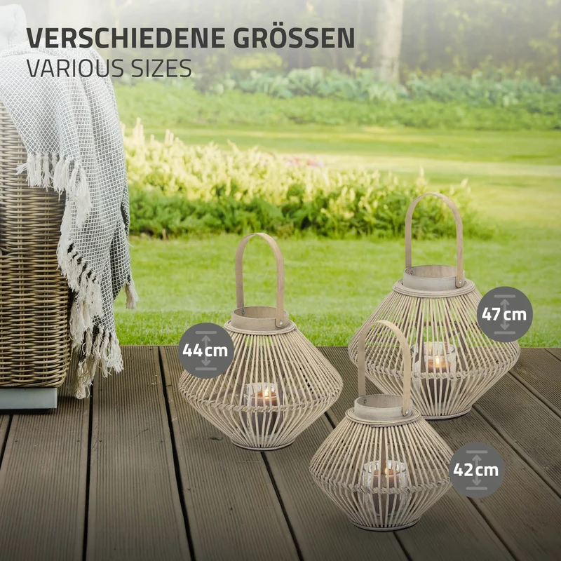 Bambus Laterne, Windlicht H: 47 cm Holzfarbe, Boho Gartenlaterne mit Henkel & Glaseinsatz, Flechtoptik Kerzenhalter