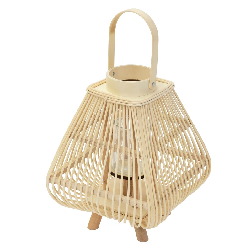 ECD Germany | Bambus Laterne viereck Windlicht mit Henkel & Glaseinsatz, Natur/Grau, Boho Gartenlaterne, Flechtoptik Kerzenhalter
