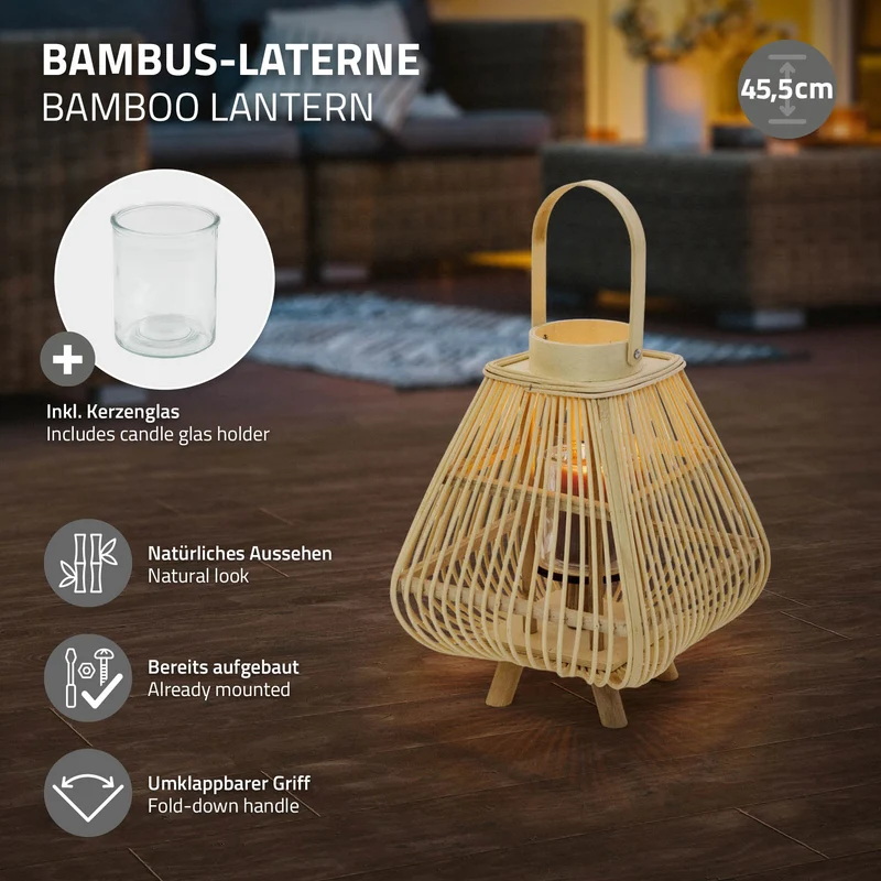Bambus Laterne, Windlicht H: 45,5 cm Holzfarbe, Boho Gartenlaterne mit Henkel & Glaseinsatz, Flechtoptik Kerzenhalter