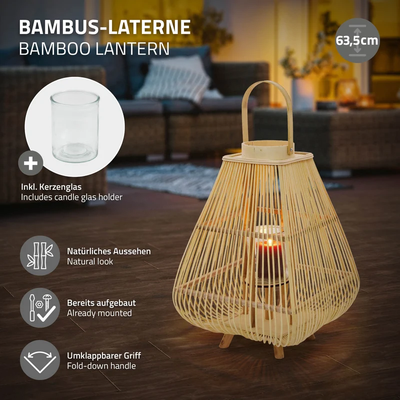 Bambus Laterne, Windlicht H: 63,5 cm Holzfarbe, Boho Gartenlaterne mit Henkel & Glaseinsatz, Flechtoptik Kerzenhalter
